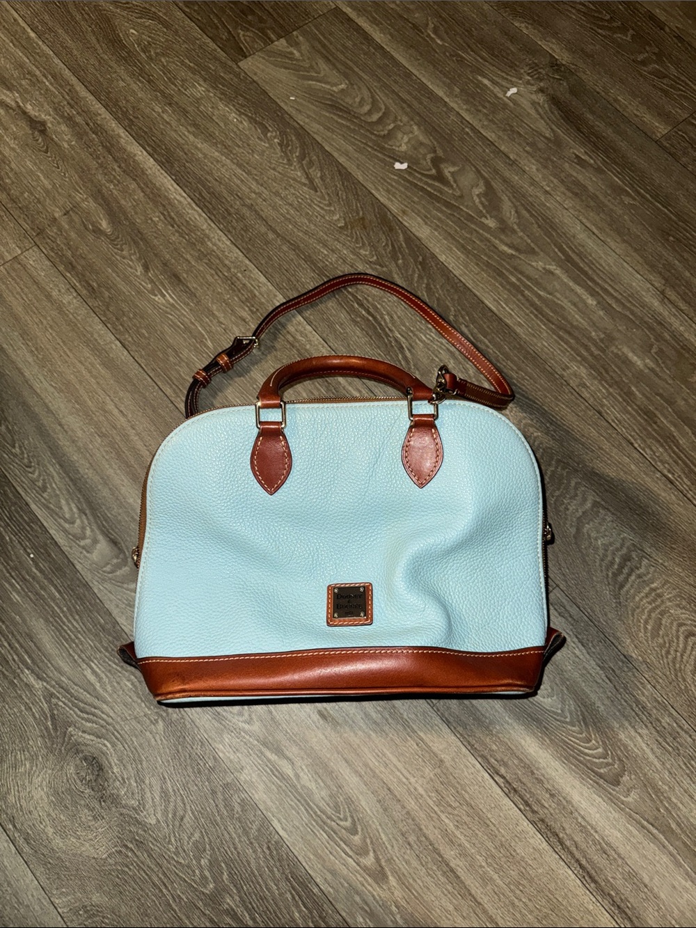 Dooney & Bourke Light Blue Leather Satchel with Tan Trim